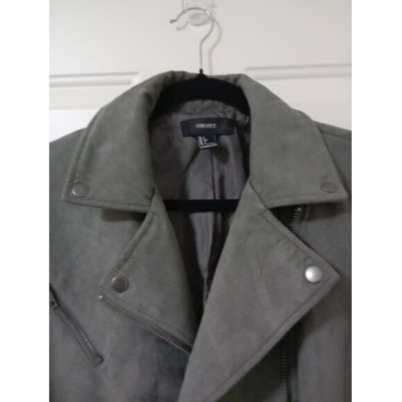Forever 21 Olive Green Faux Suede Moto Jacket With Zipper Pockets & Belt Size L - Picture 7 of 12